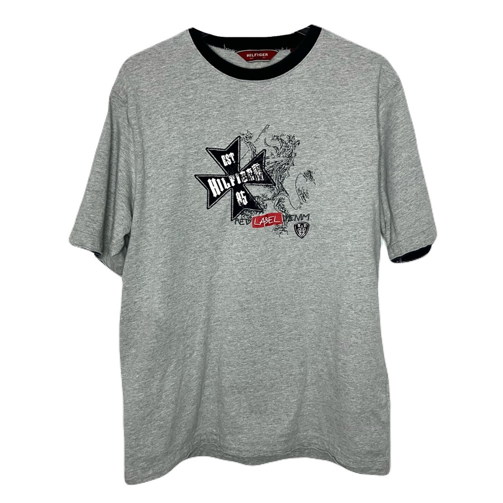 Tommy Hilfiger Gray Graphic Raw Edge Sleeve and Hem Tee